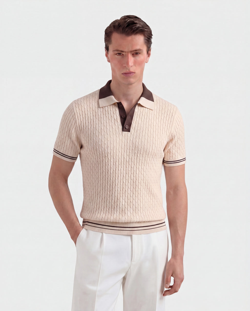 The Portofino Cable Knit Polo — Espresso Ivory