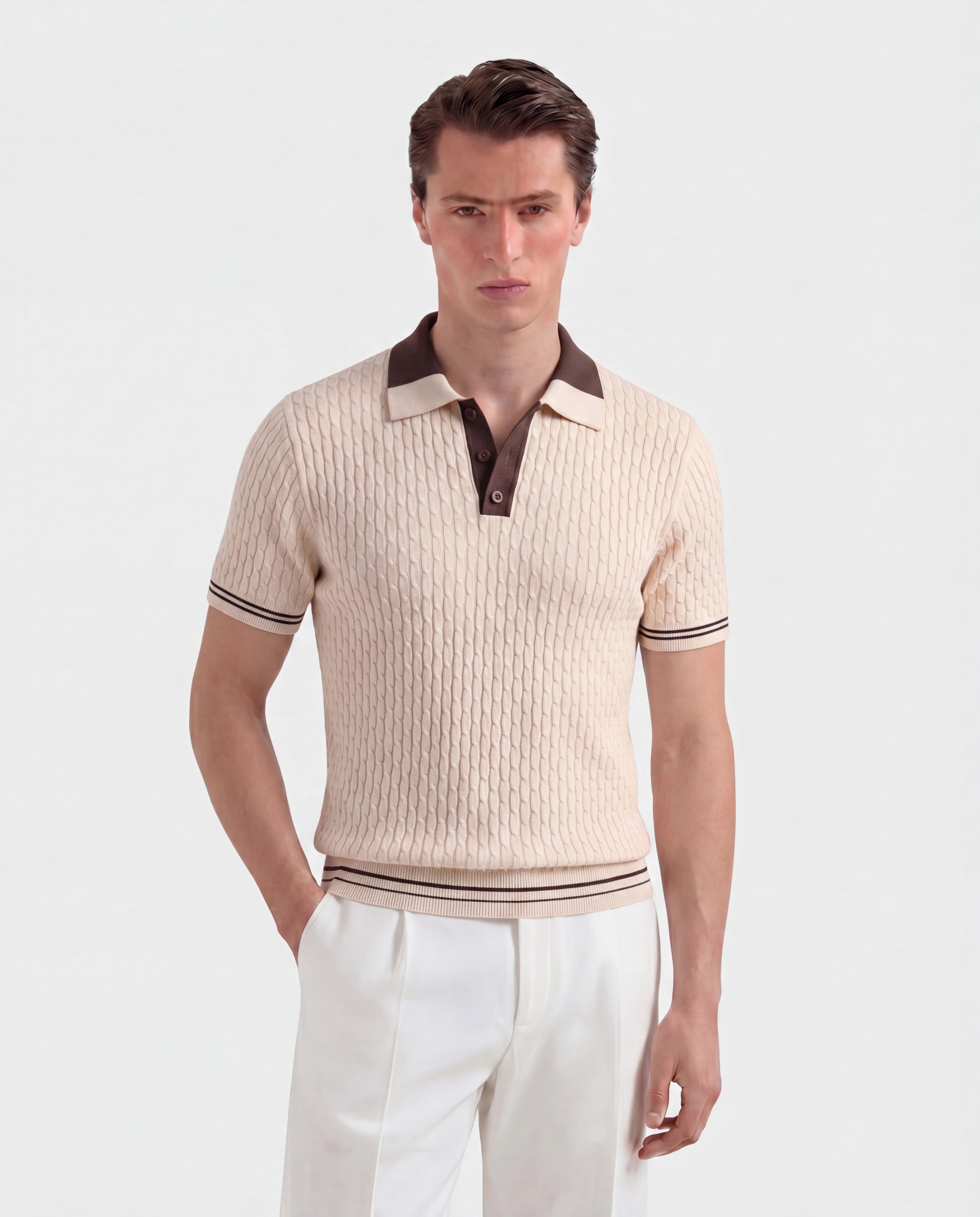 The Portofino Cable Knit Polo — Espresso Ivory