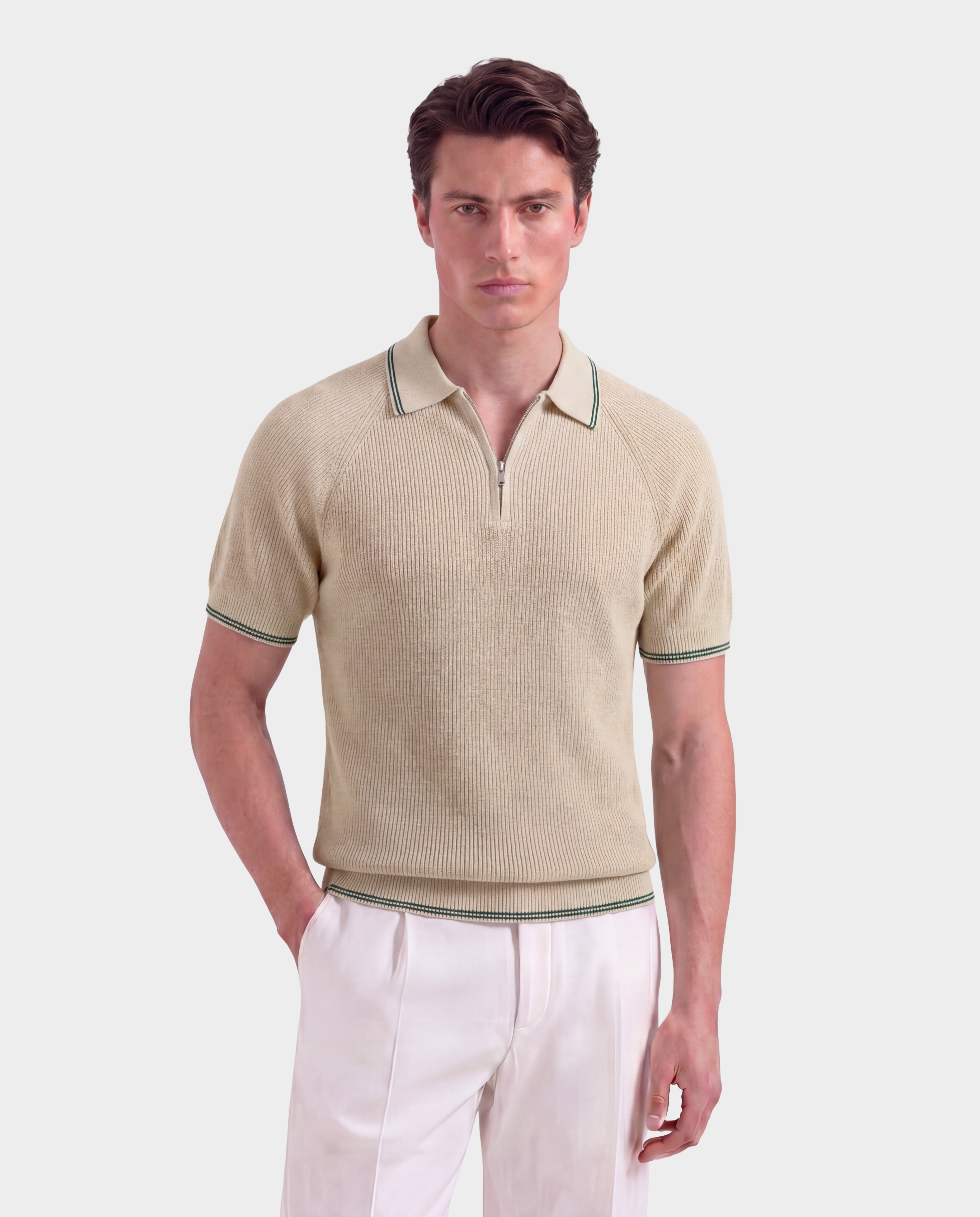 Old Money Ribbed Zip Polo for Men – Saint Tropez, Ivory