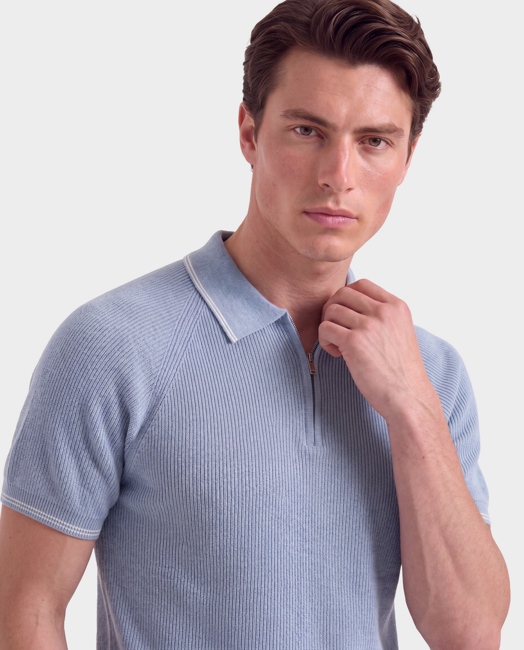 Old Money Ribbed Zip Polo for Men – Côte d’Azur, Sky Blue