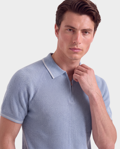 Old Money Ribbed Zip Polo for Men – Côte d’Azur, Sky Blue