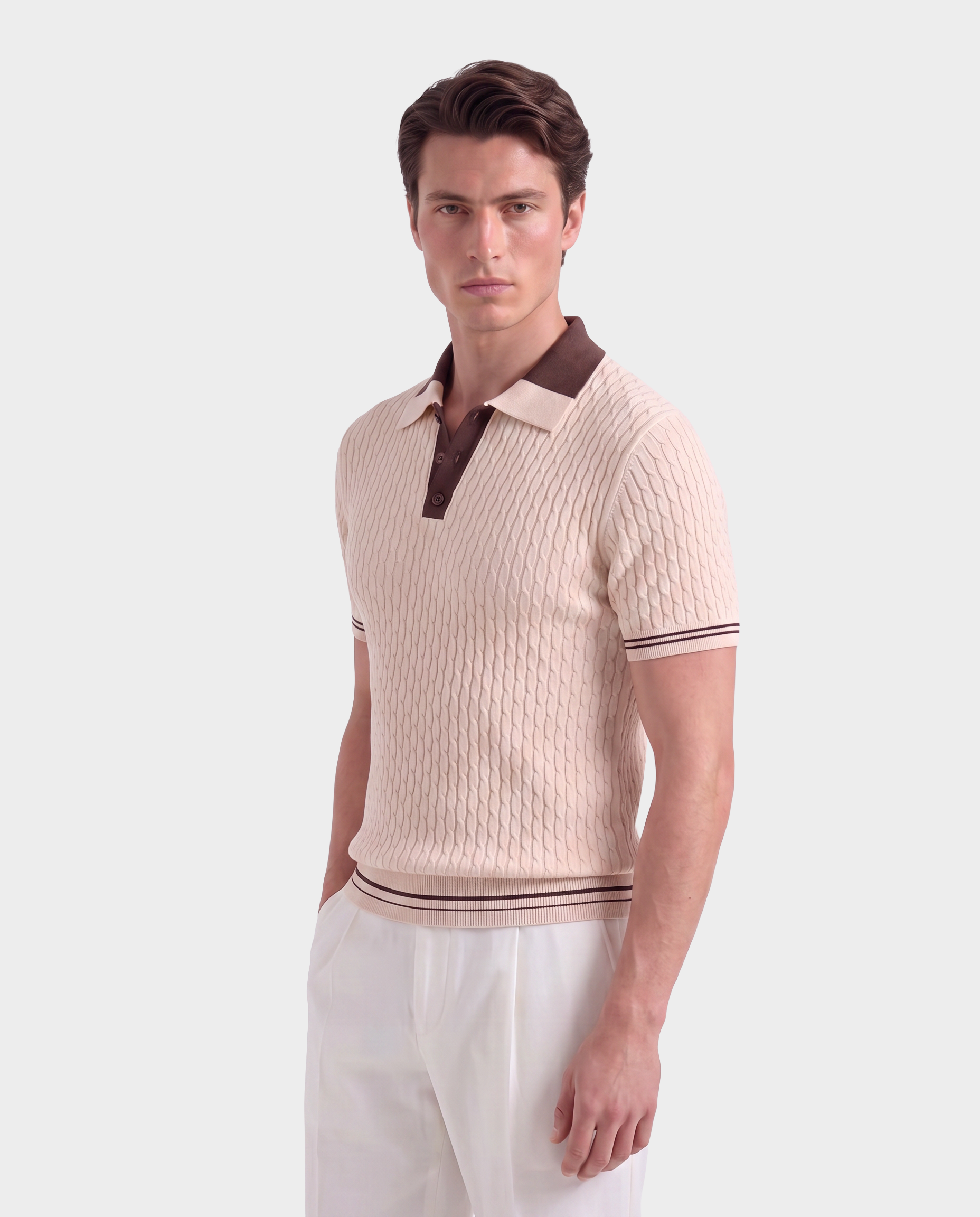 Old Money Cable Knit Polo for Men – Portofino, Cream