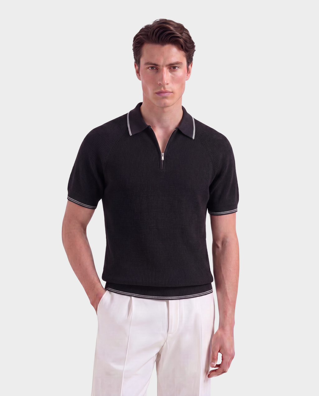 Old Money Ribbed Zip Polo for Men – Monaco Noir, Black