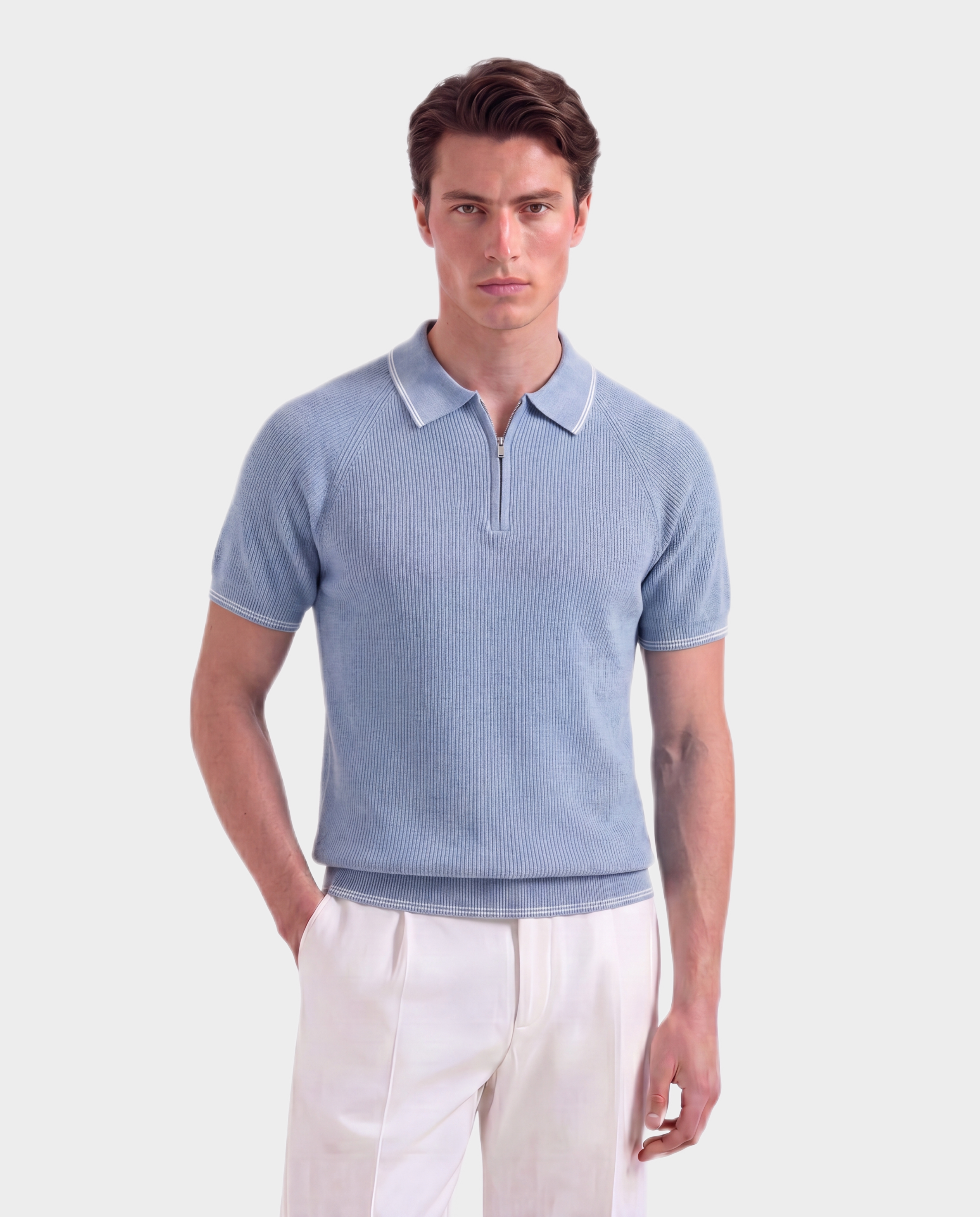 Old Money Ribbed Zip Polo for Men – Côte d’Azur, Sky Blue