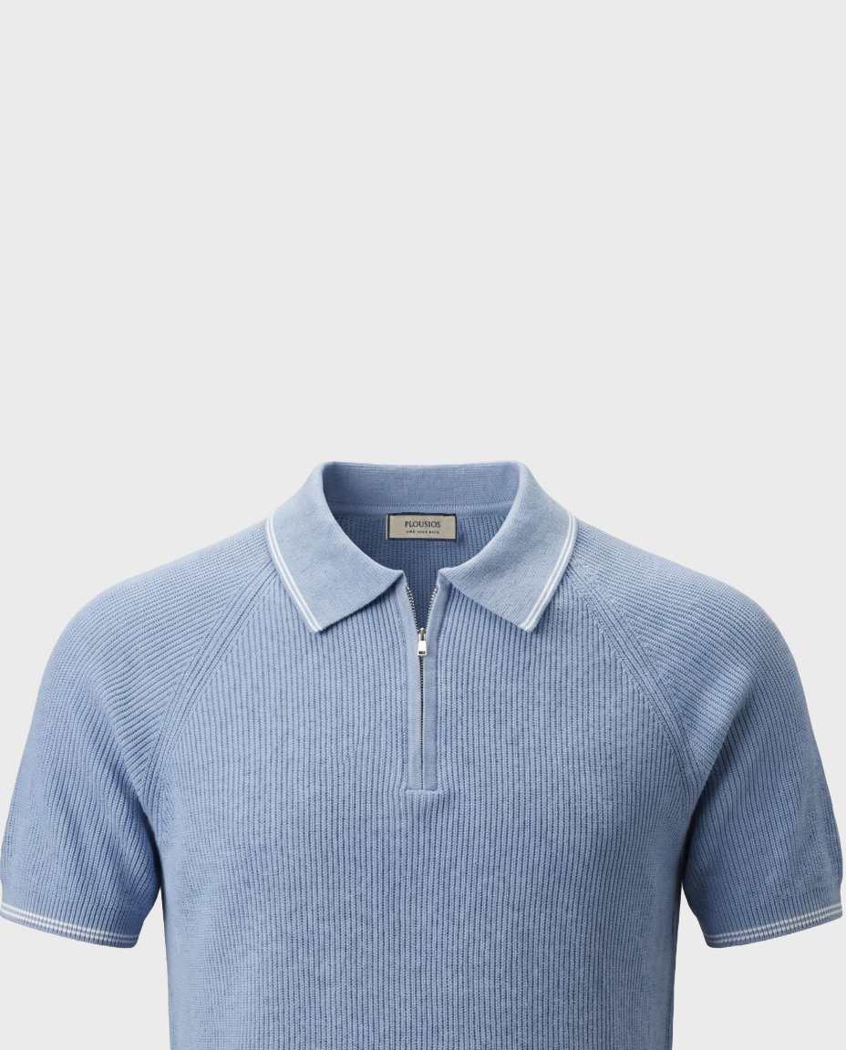 Old Money Ribbed Zip Polo for Men – Côte d’Azur, Sky Blue