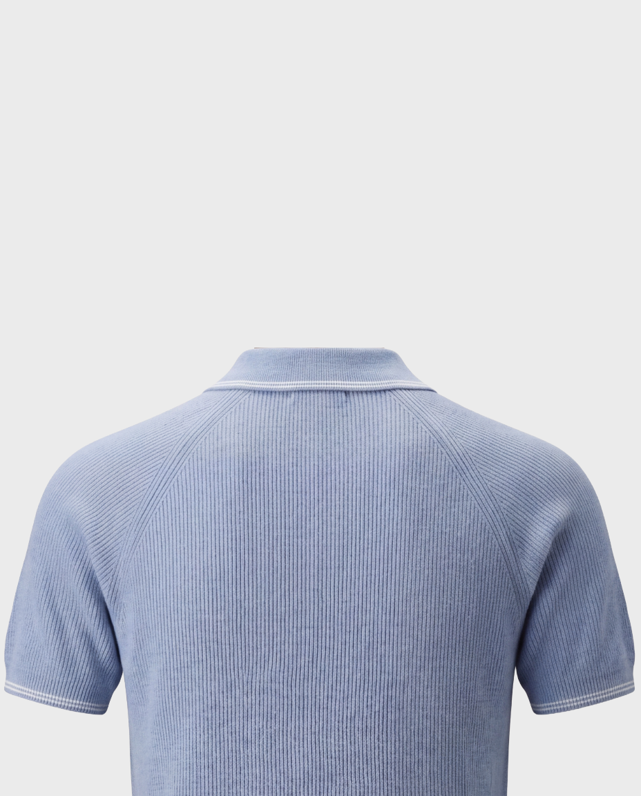 Old Money Ribbed Zip Polo for Men – Côte d’Azur, Sky Blue