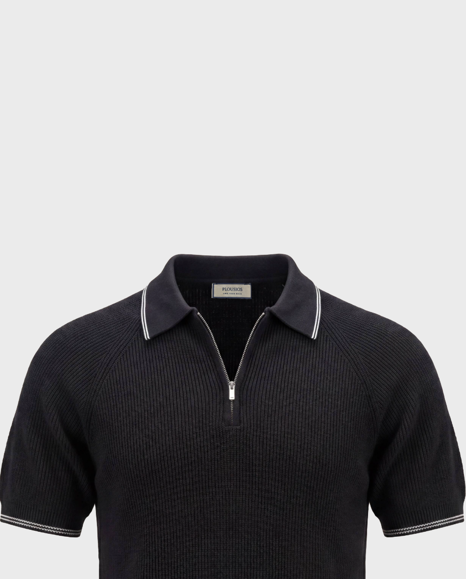 Old Money Ribbed Zip Polo for Men – Monaco Noir, Black