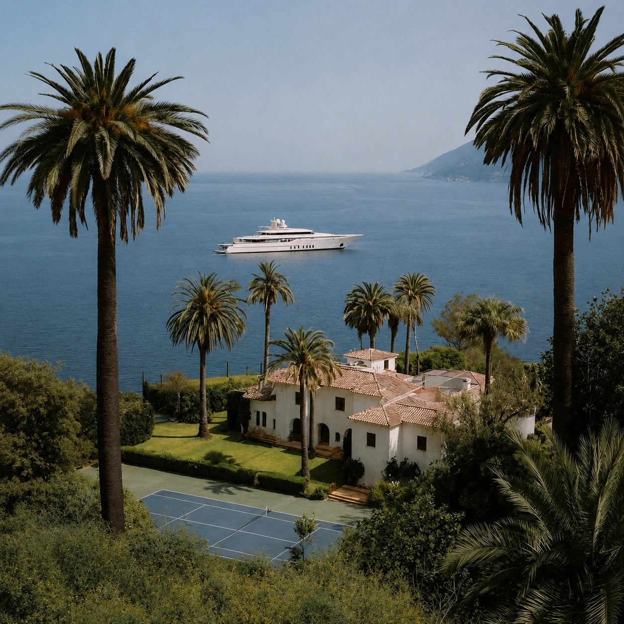 A villa above the sea with a yacht on the horizon — a life of freedom, taste, and experience
