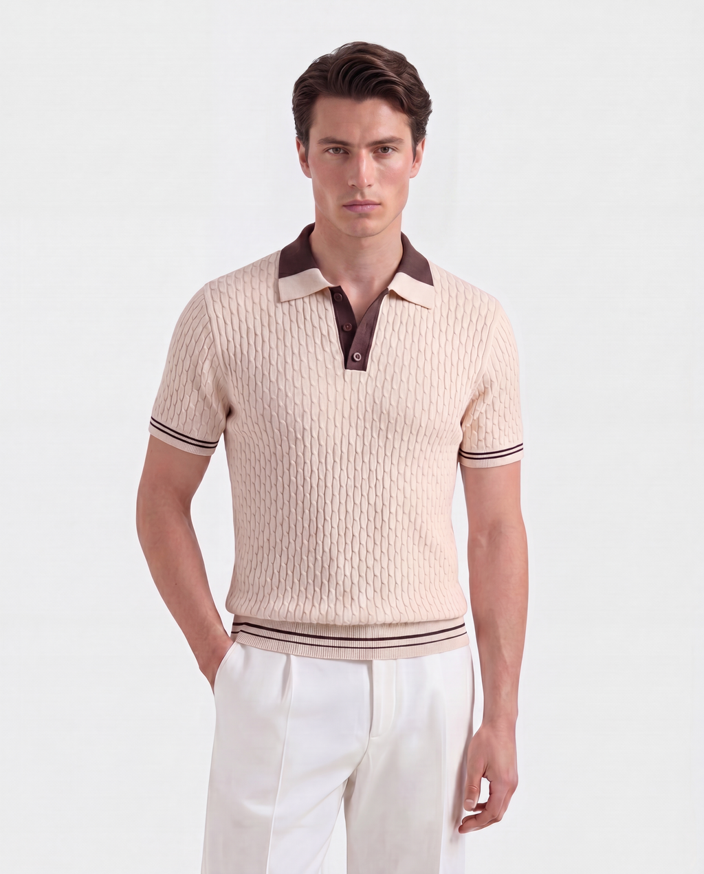 Old Money Cable Knit Polo for Men – Portofino, Cream
